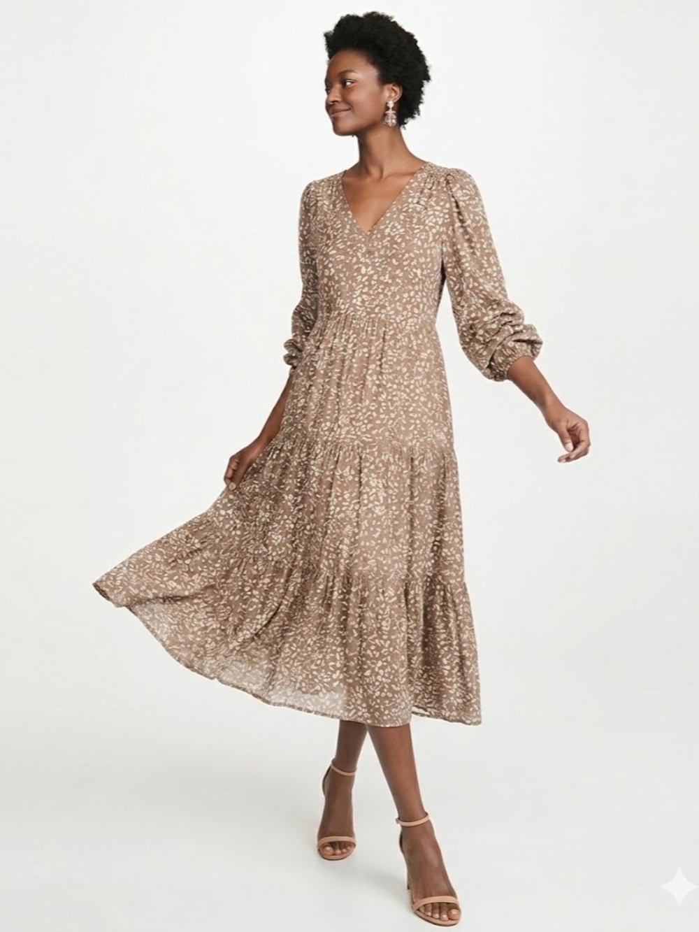 Maxi Dress Flowy Neutral Brown Long Sleeve Dress S/M